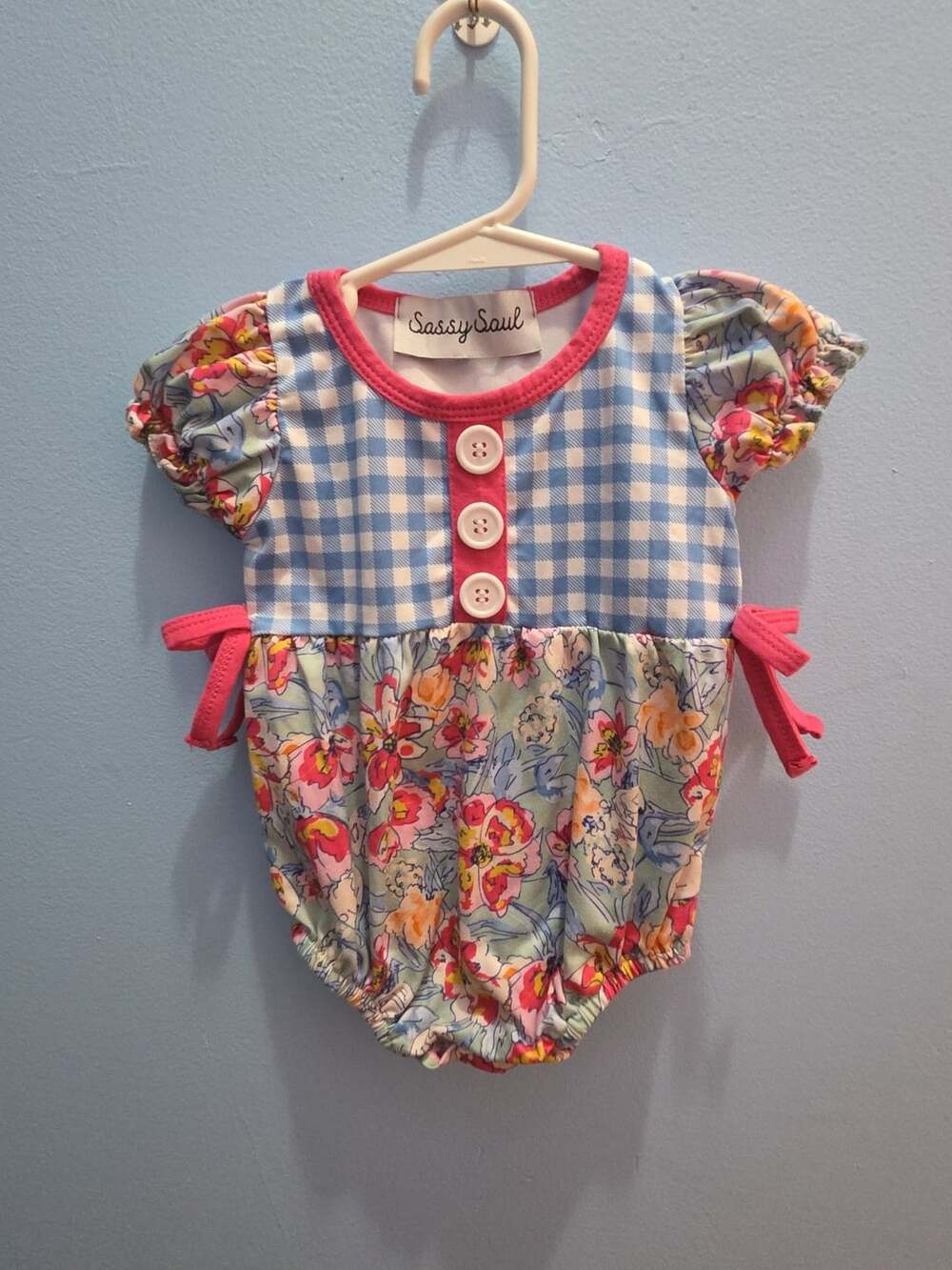 Sassy Saul Blue Gingham Floral Bubble Romper